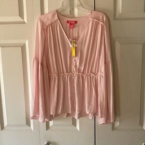 Catherine Malandrino women pearl pink button front v-neck blouse feminine Lg NWT